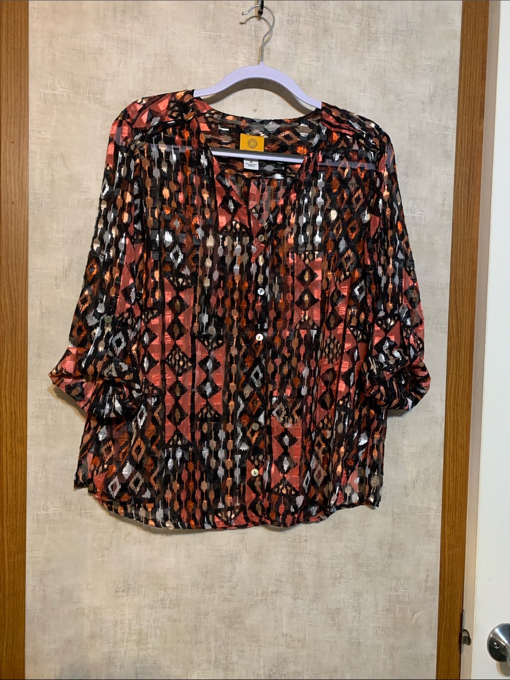 Ruby Rd. Geometric Button-Front Blouse in Coral, Black & White